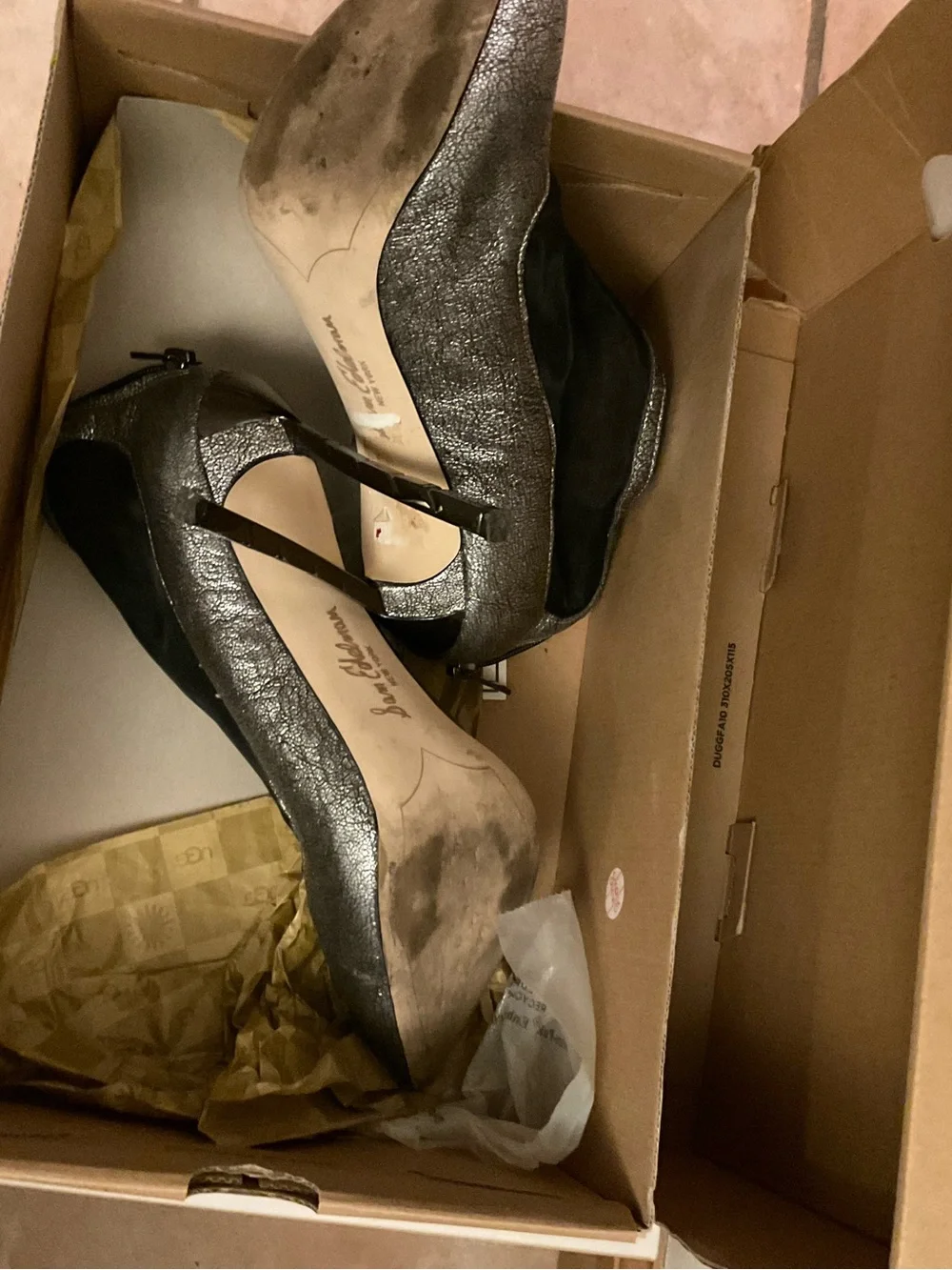 Sam Edelman Silver Glitter Pointed Toe Stiletto Booties with Black Mesh Insets